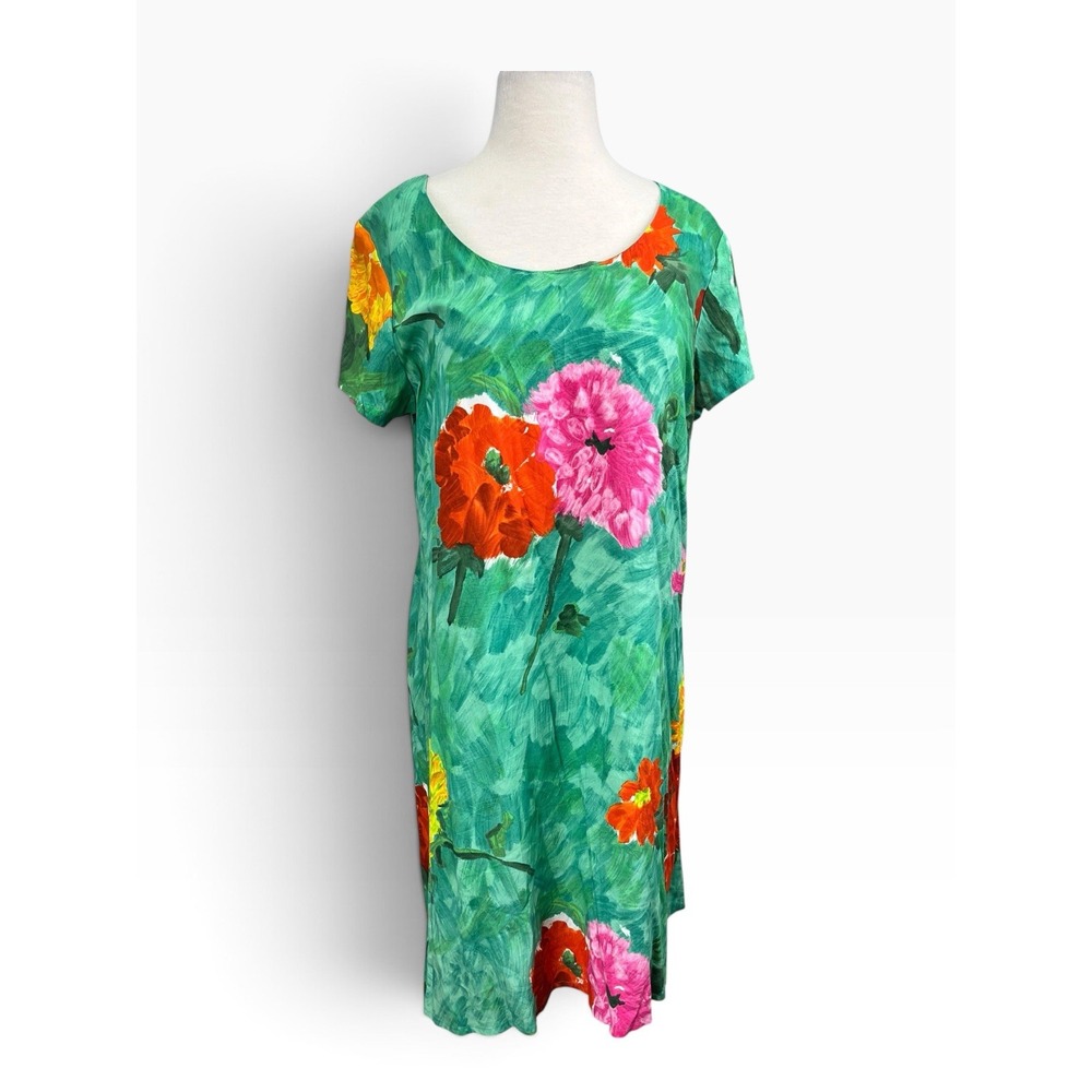 Jams World Hula Moon Posies Dress Large Green Floral Watercolor Cap Sleeve Pink